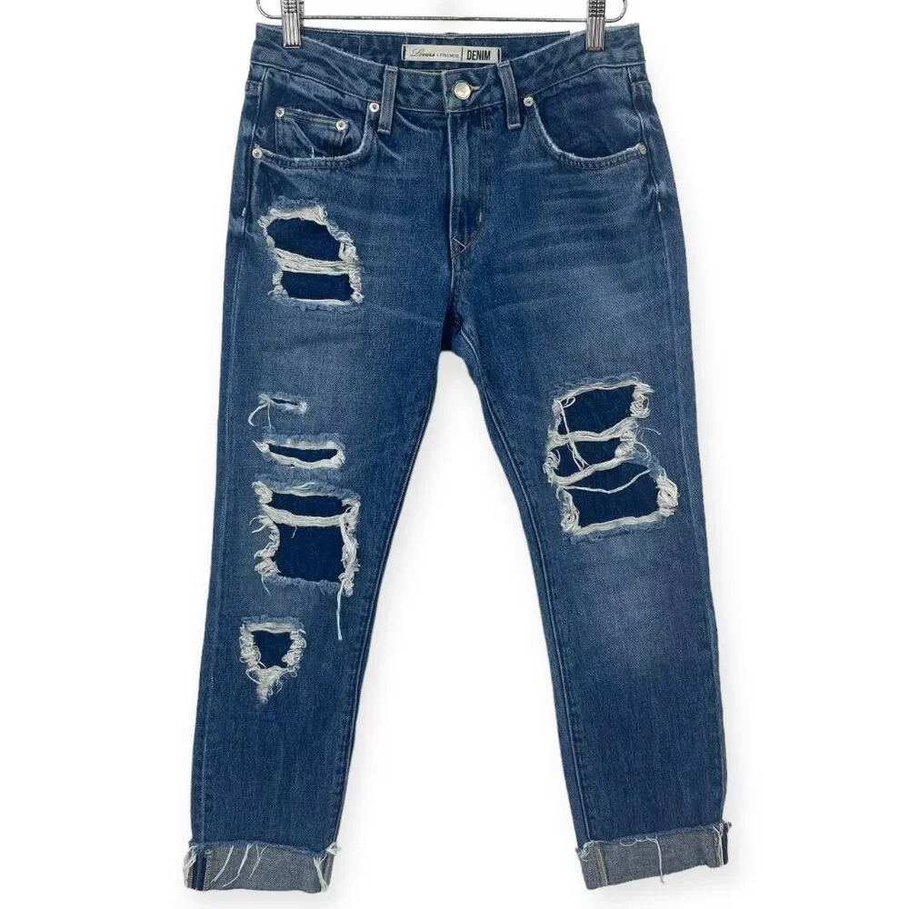 Lovers + Friends Ezra Slim Boyfriend Jeans Women Size 26 Blue Cypress Distressed